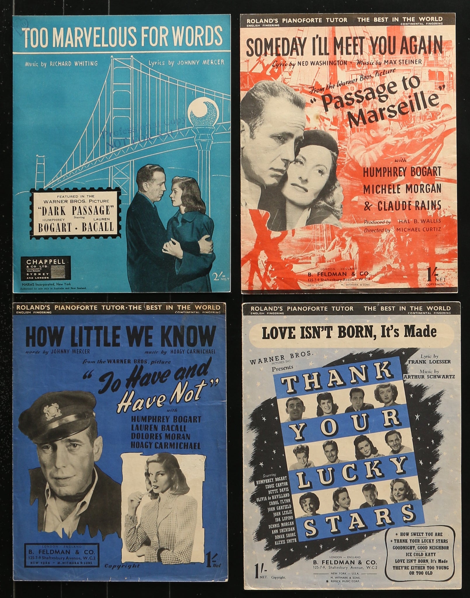 Lot of 4 Humphrey Bogart Movie English Sheet Music (1940's)